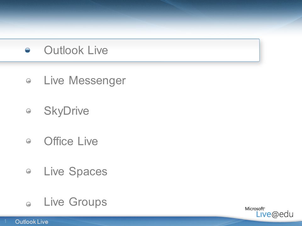 1 Outlook Live Live Messenger SkyDrive Office Live Live Spaces Live Groups