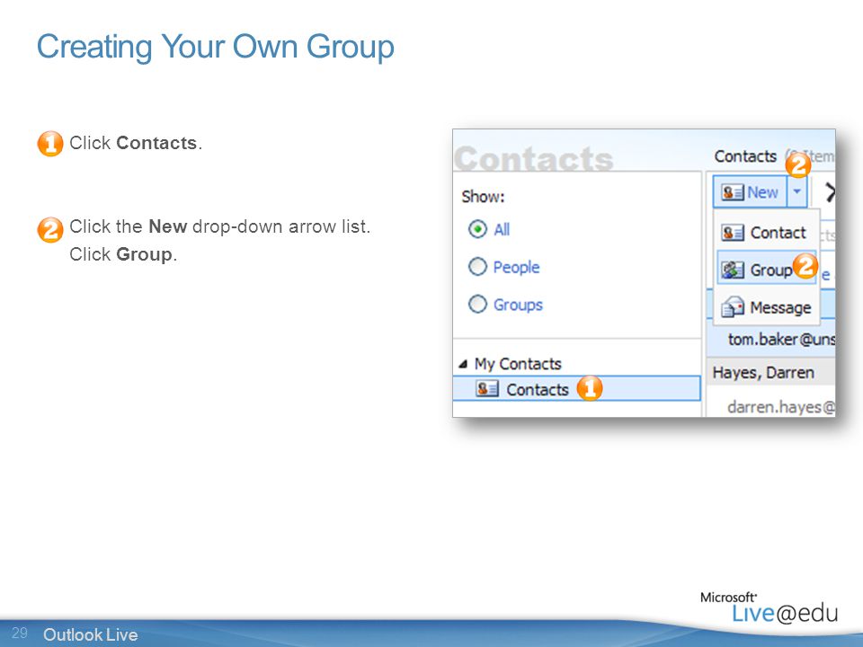 29 Outlook Live Creating Your Own Group Click Contacts.