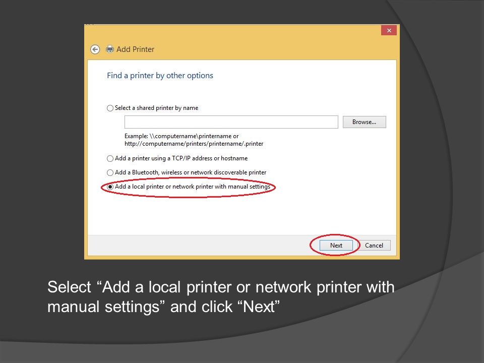 Select Add a local printer or network printer with manual settings and click Next
