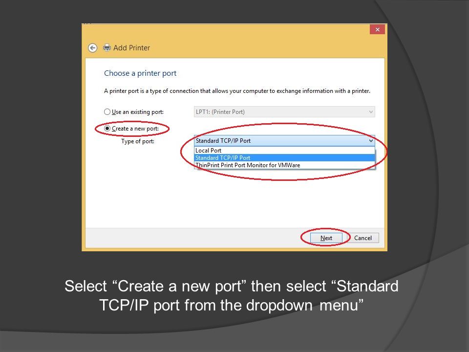 Select Create a new port then select Standard TCP/IP port from the dropdown menu