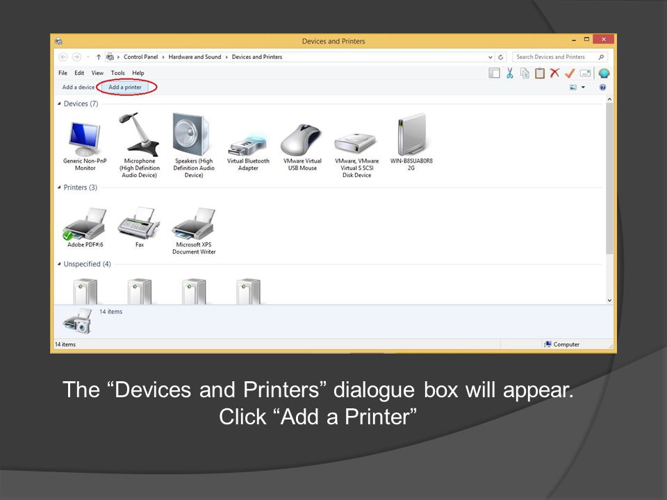 The Devices and Printers dialogue box will appear. Click Add a Printer