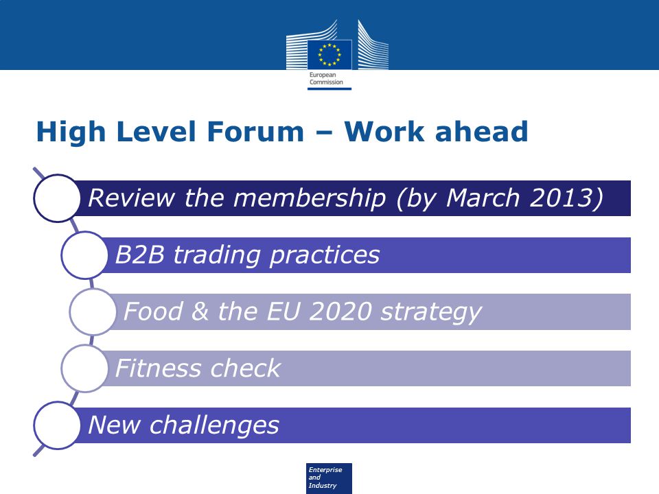 Enterprise and Industry High Level Forum – Work ahead Review the membership (by March 2013) B2B trading practices Food & the EU 2020 strategy Fitness check New challenges
