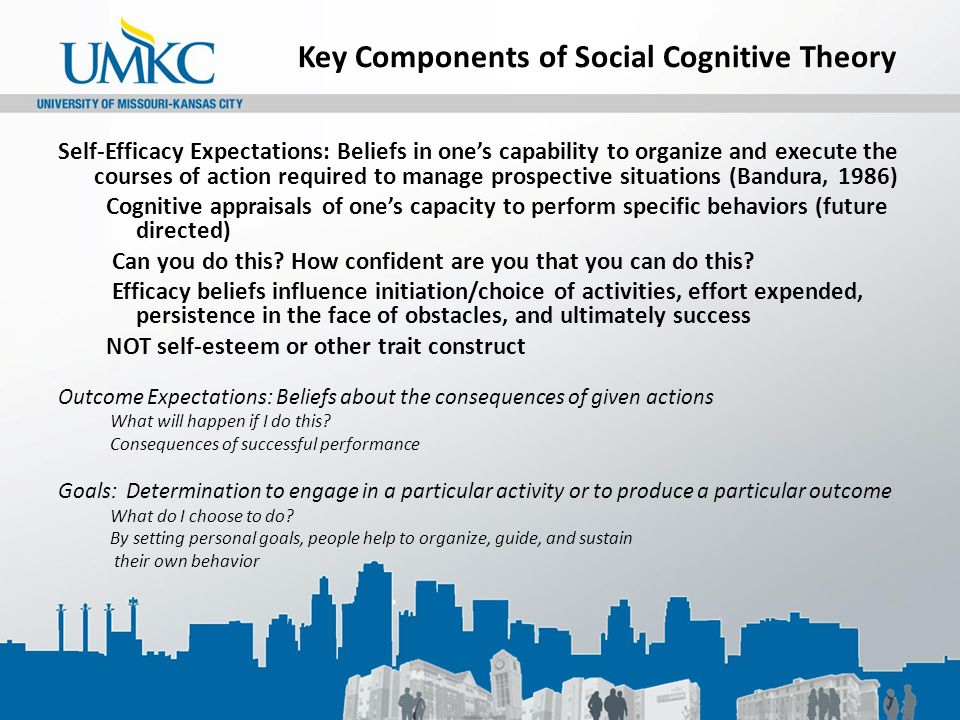 Key Components of Social Cognitive Theory Self-Efficacy Expectations: Beliefs in one’s capability to organize and execute the courses of action required to manage prospective situations (Bandura, 1986) Cognitive appraisals of one’s capacity to perform specific behaviors (future directed) Can you do this.
