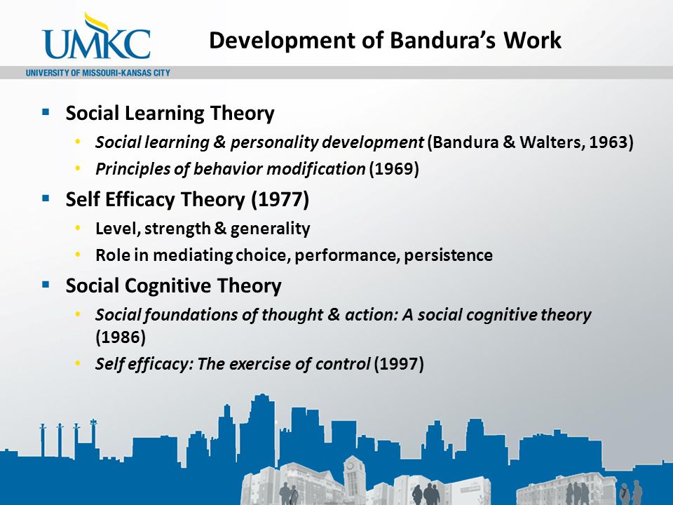 Development of Bandura’s Work  Social Learning Theory Social learning & personality development (Bandura & Walters, 1963) Principles of behavior modification (1969)  Self Efficacy Theory (1977) Level, strength & generality Role in mediating choice, performance, persistence  Social Cognitive Theory Social foundations of thought & action: A social cognitive theory (1986) Self efficacy: The exercise of control (1997)