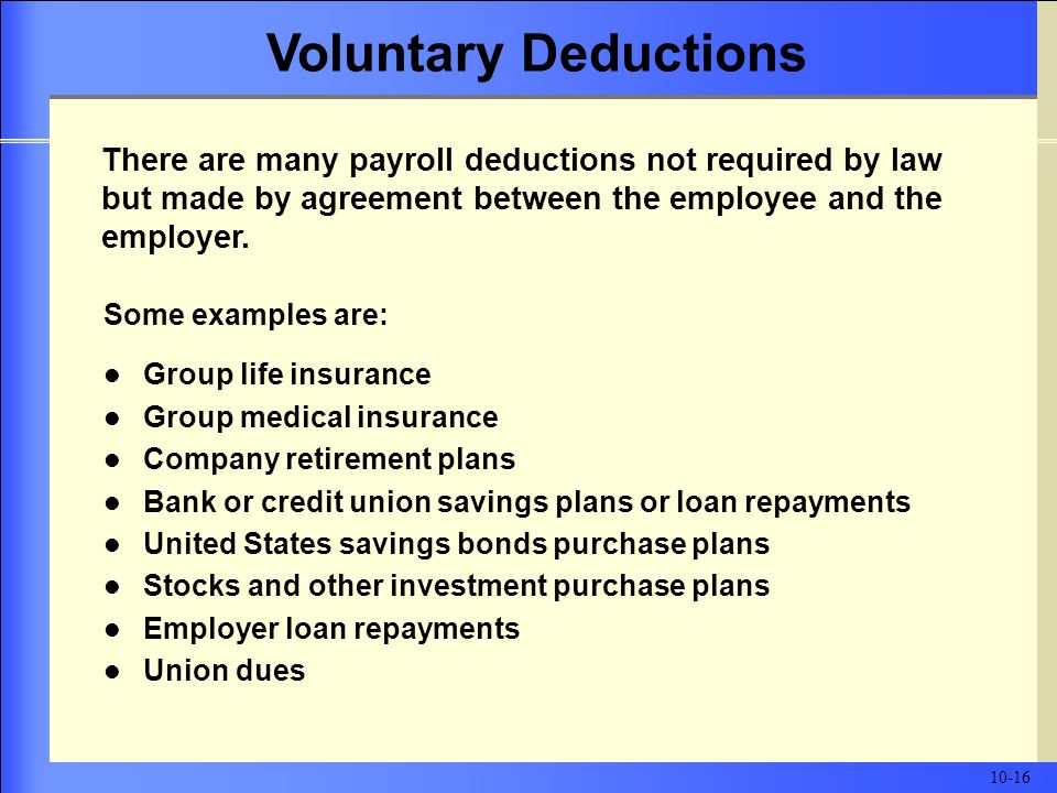 Some examples are: Group life insurance Group medical insurance Company retirement plans Bank or credit union savings plans or loan repayments United States savings bonds purchase plans Stocks and other investment purchase plans Employer loan repayments Union dues There are many payroll deductions not required by law but made by agreement between the employee and the employer.
