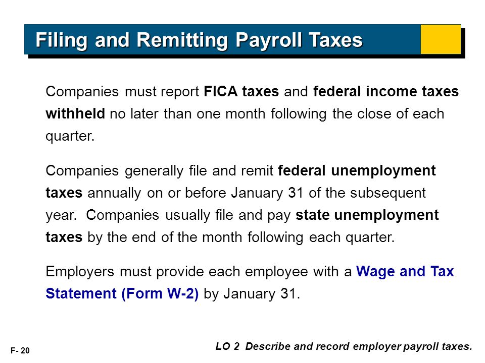 F- 20 Companies must report FICA taxes and federal income taxes withheld no later than one month following the close of each quarter.