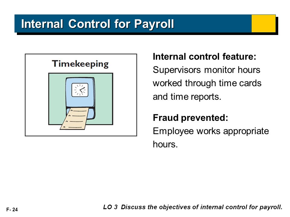 F- 24 Internal control feature: Supervisors monitor hours worked through time cards and time reports.
