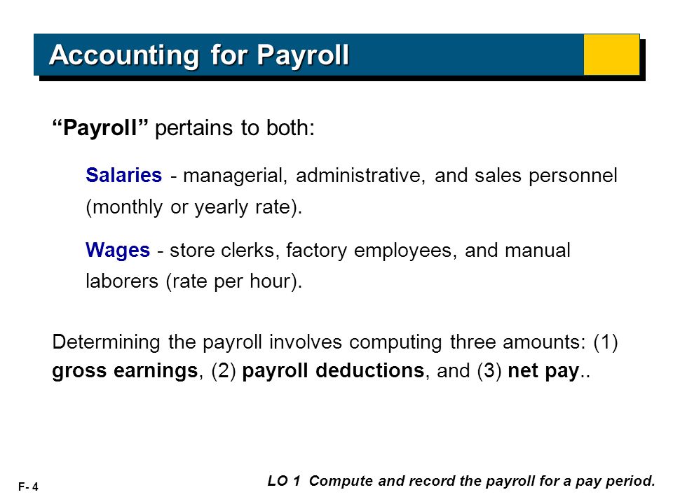F- 4 Payroll pertains to both: Salaries - managerial, administrative, and sales personnel (monthly or yearly rate).
