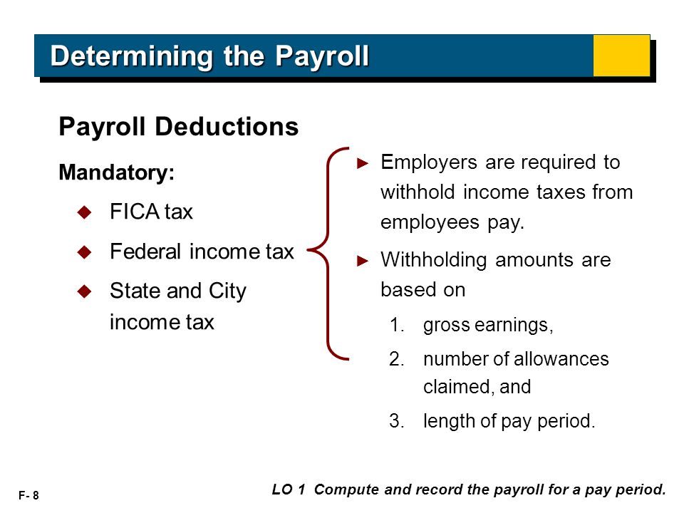 F- 8 Payroll Deductions LO 1 Compute and record the payroll for a pay period.