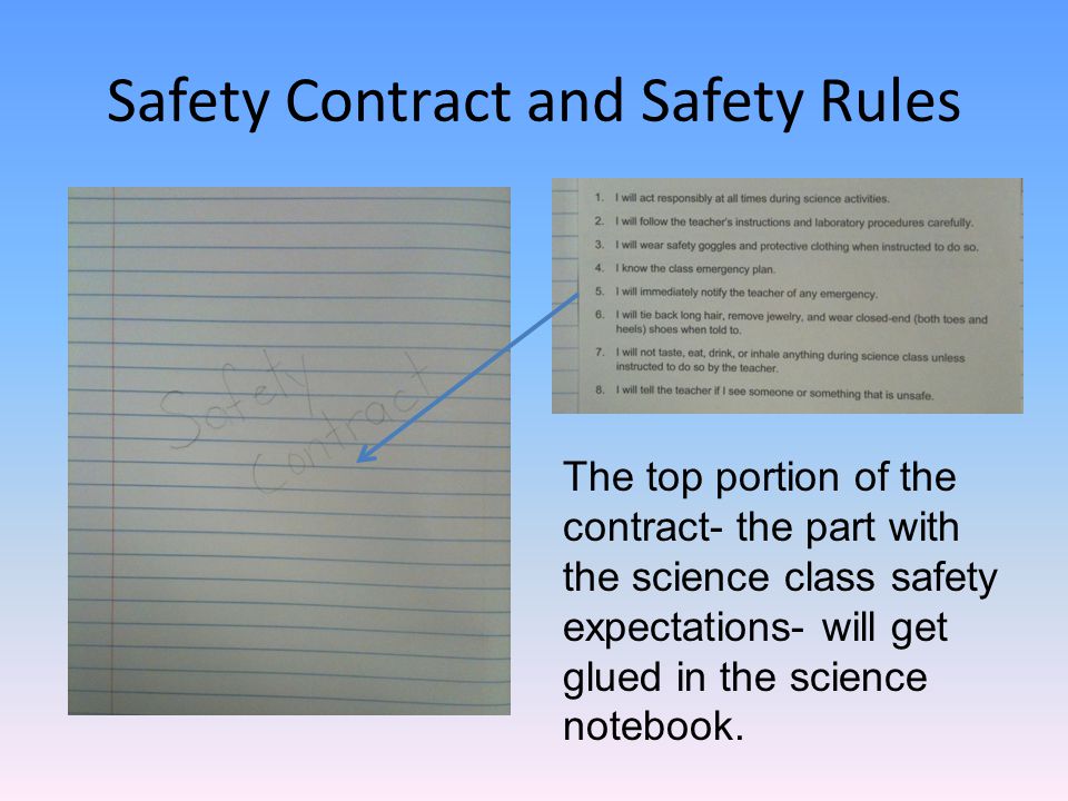 Safety Contract and Safety Rules The top portion of the contract- the part with the science class safety expectations- will get glued in the science notebook.