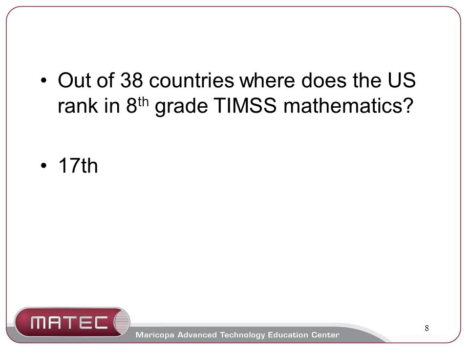 8 Out of 38 countries where does the US rank in 8 th grade TIMSS mathematics 17th