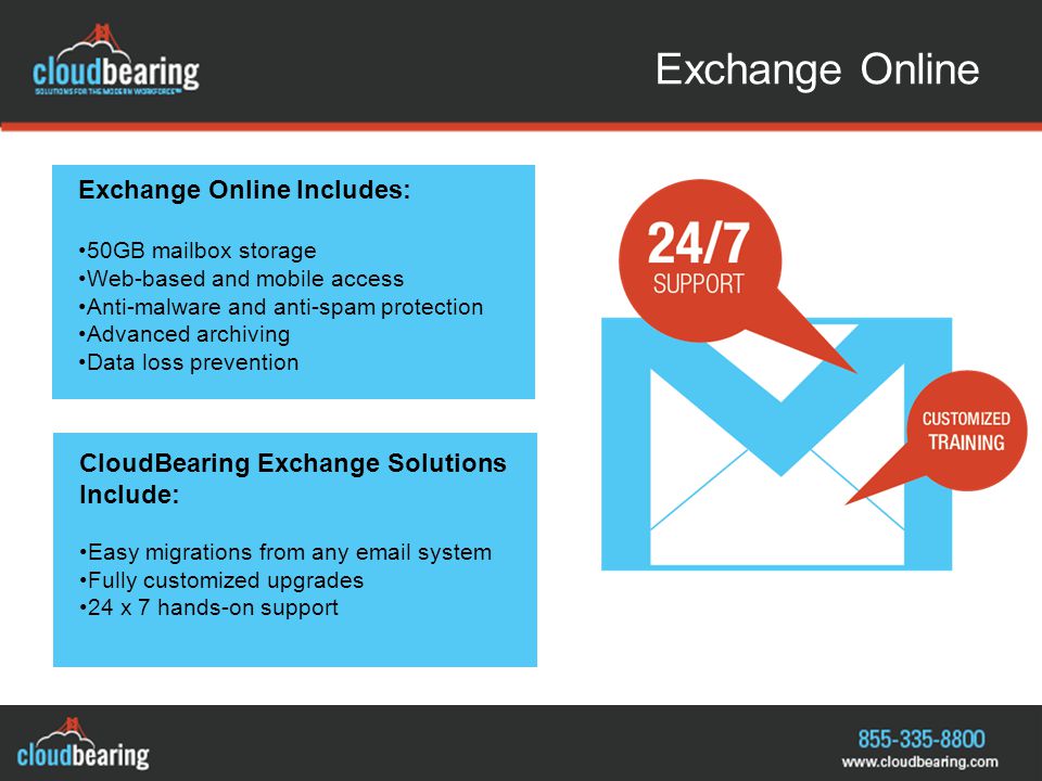 Exchange Online Exchange Online Includes: 50GB mailbox storage Web-based and mobile access Anti-malware and anti-spam protection Advanced archiving Data loss prevention CloudBearing Exchange Solutions Include: Easy migrations from any  system Fully customized upgrades 24 x 7 hands-on support