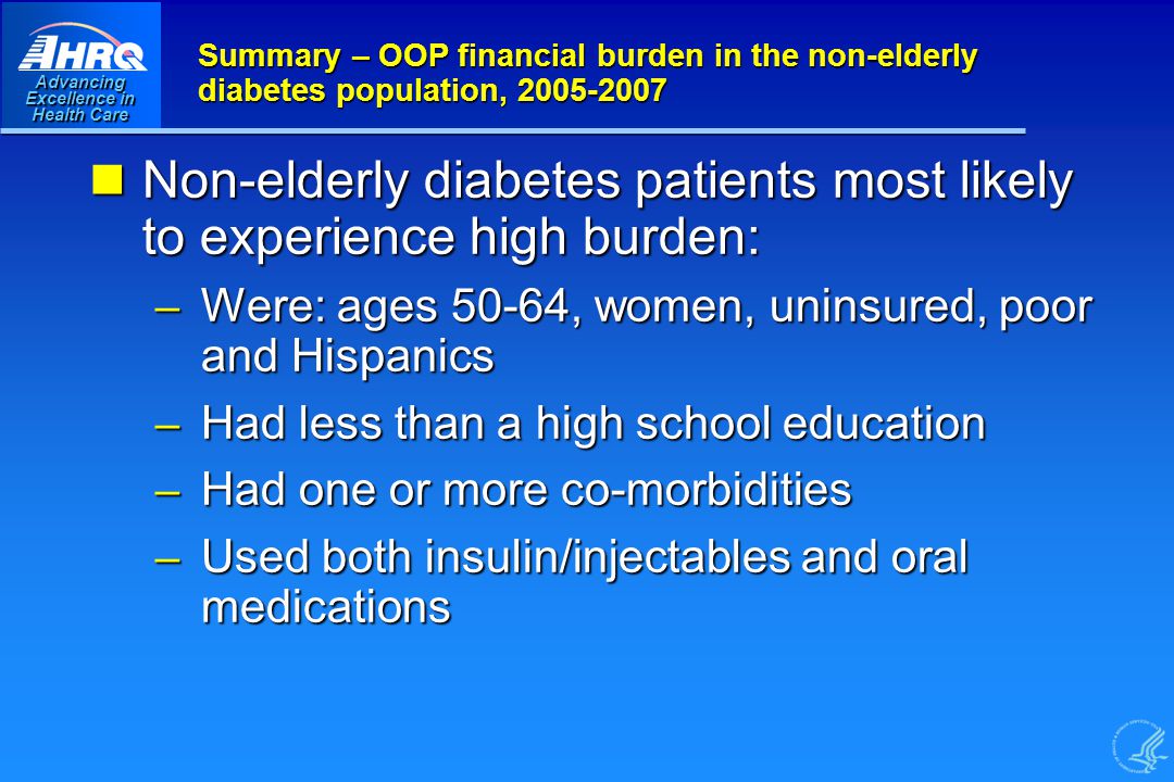 Advancing Excellence in Health Care Summary – OOP financial burden in the non-elderly diabetes population, Non-elderly diabetes patients most likely to experience high burden: Non-elderly diabetes patients most likely to experience high burden: – Were: ages 50-64, women, uninsured, poor and Hispanics – Had less than a high school education – Had one or more co-morbidities – Used both insulin/injectables and oral medications