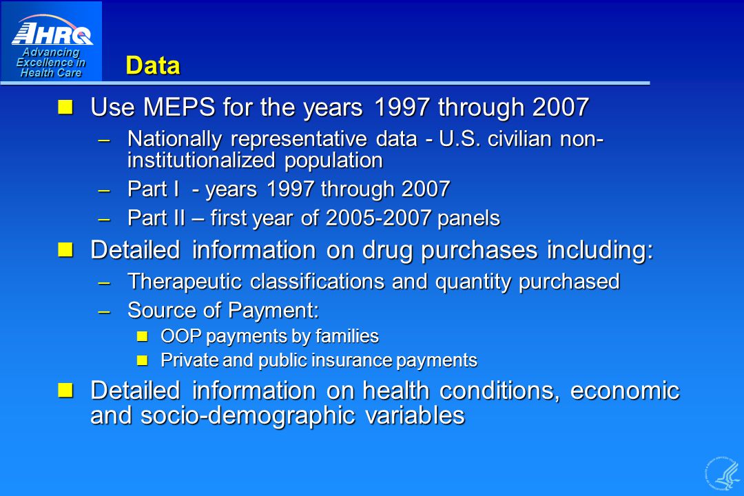 Advancing Excellence in Health Care Data Use MEPS for the years 1997 through 2007 Use MEPS for the years 1997 through 2007 – Nationally representative data - U.S.