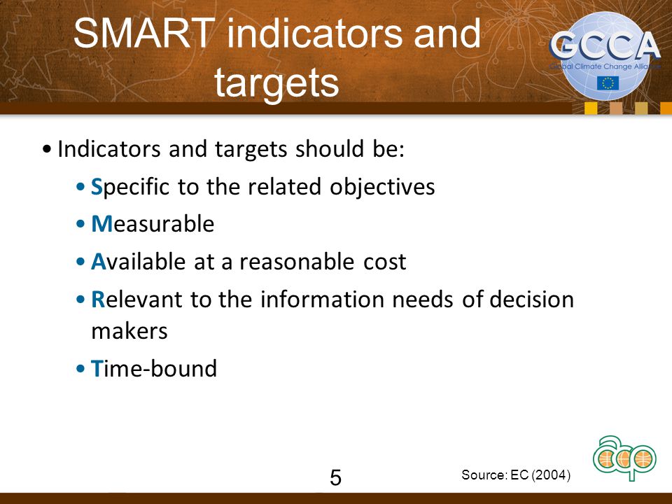 SMART indicators and targets Indicators and targets should be: Specific to the related objectives Measurable Available at a reasonable cost Relevant to the information needs of decision makers Time-bound Source: EC (2004) 5