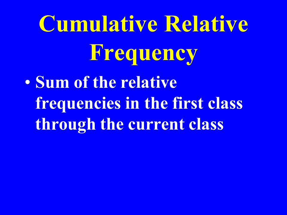 Cumulative Relative Frequency Sum of the relative frequencies in the first class through the current class