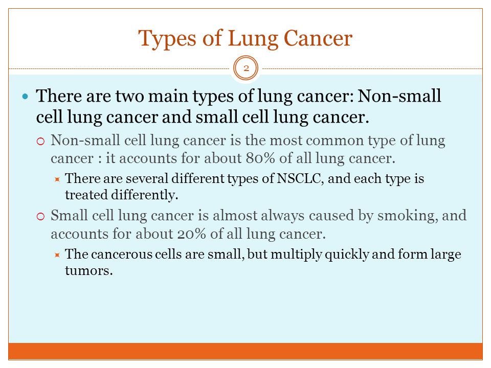 Types of Lung Cancer There are two main types of lung cancer: Non-small cell lung cancer and small cell lung cancer.