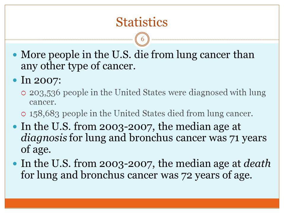 Statistics More people in the U.S. die from lung cancer than any other type of cancer.