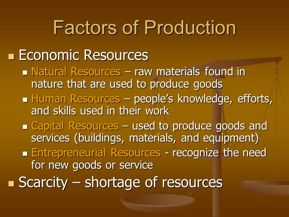 Factors of Production Economic Resources Economic Resources Natural Resources – raw materials found in nature that are used to produce goods Natural Resources – raw materials found in nature that are used to produce goods Human Resources – people’s knowledge, efforts, and skills used in their work Human Resources – people’s knowledge, efforts, and skills used in their work Capital Resources – used to produce goods and services (buildings, materials, and equipment) Capital Resources – used to produce goods and services (buildings, materials, and equipment) Entrepreneurial Resources - recognize the need for new goods or service Entrepreneurial Resources - recognize the need for new goods or service Scarcity – shortage of resources Scarcity – shortage of resources