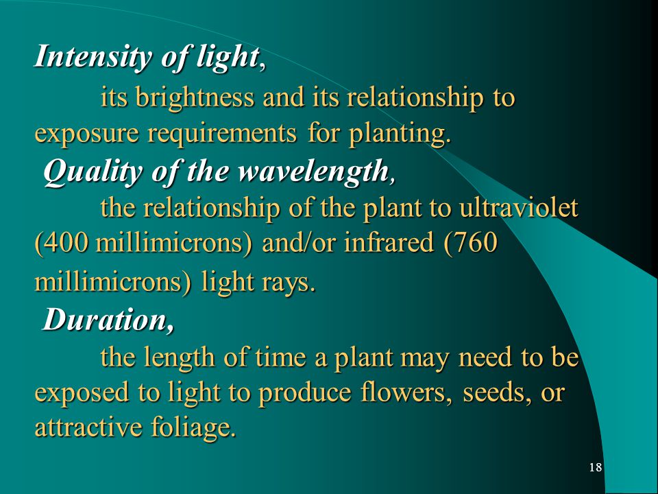 18 Intensity of light, its brightness and its relationship to exposure requirements for planting.