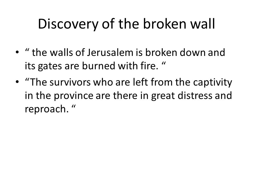Discovery of the broken wall the walls of Jerusalem is broken down and its gates are burned with fire.