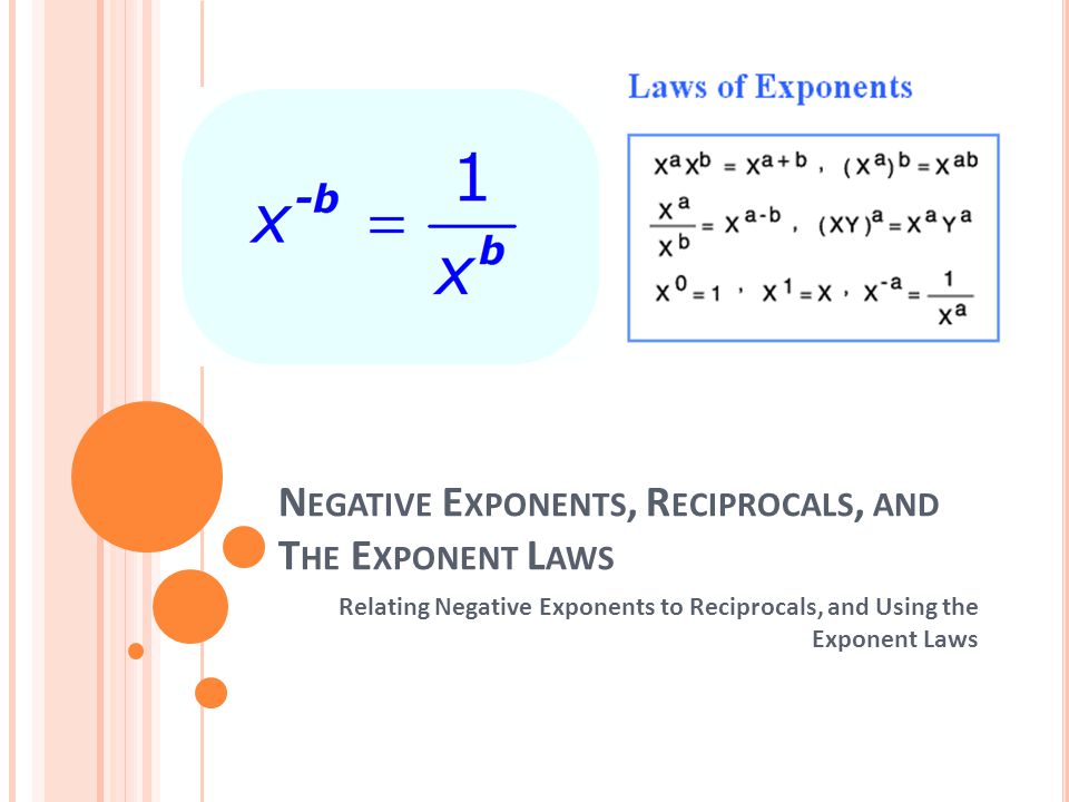 N EGATIVE E XPONENTS, R ECIPROCALS, AND T HE E XPONENT L AWS Relating Negative Exponents to Reciprocals, and Using the Exponent Laws