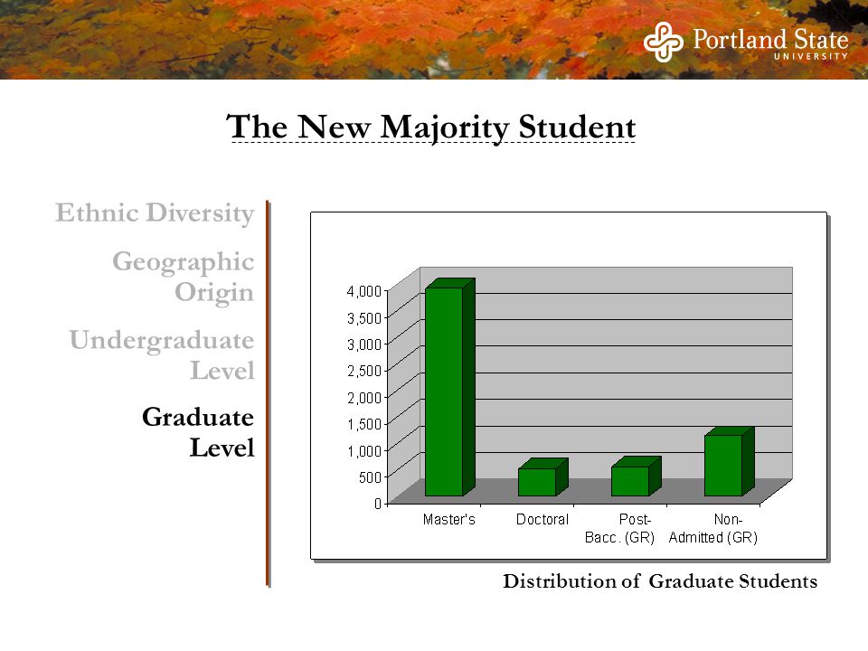 Distribution of Graduate Students Ethnic Diversity Geographic Origin Undergraduate Level Graduate Level The New Majority Student