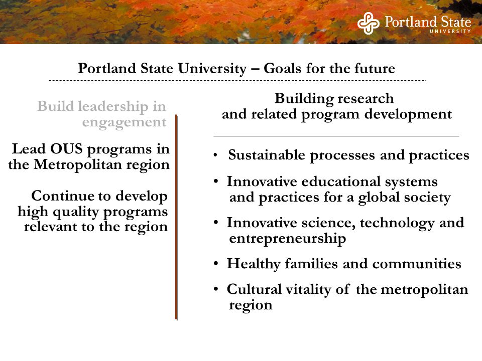 Portland State University – Goals for the future Build leadership in engagement Continue to develop high quality programs relevant to the region Sustainable processes and practices Innovative educational systems and practices for a global society Innovative science, technology and entrepreneurship Healthy families and communities Cultural vitality of the metropolitan region Building research and related program development Lead OUS programs in the Metropolitan region