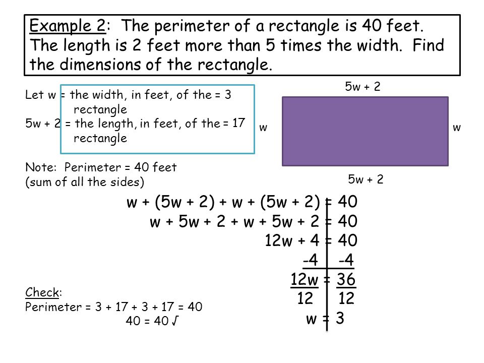 Example 2: The perimeter of a rectangle is 40 feet.
