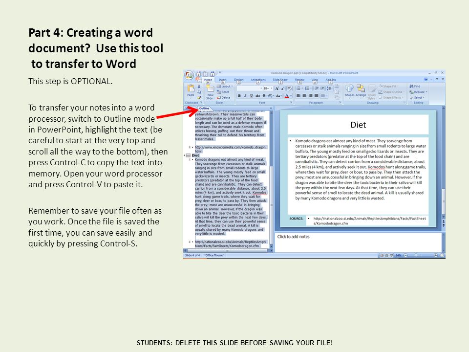 Part 4: Creating a word document. Use this tool to transfer to Word This step is OPTIONAL.