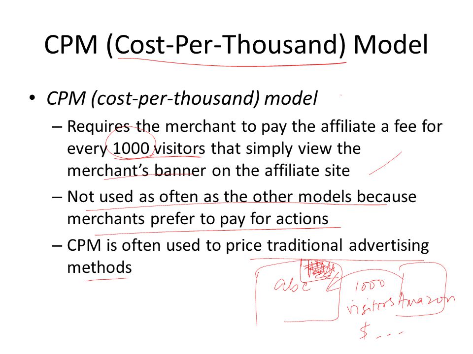 CPM (Cost-Per-Thousand) Model CPM (cost-per-thousand) model – Requires the merchant to pay the affiliate a fee for every 1000 visitors that simply view the merchant’s banner on the affiliate site – Not used as often as the other models because merchants prefer to pay for actions – CPM is often used to price traditional advertising methods