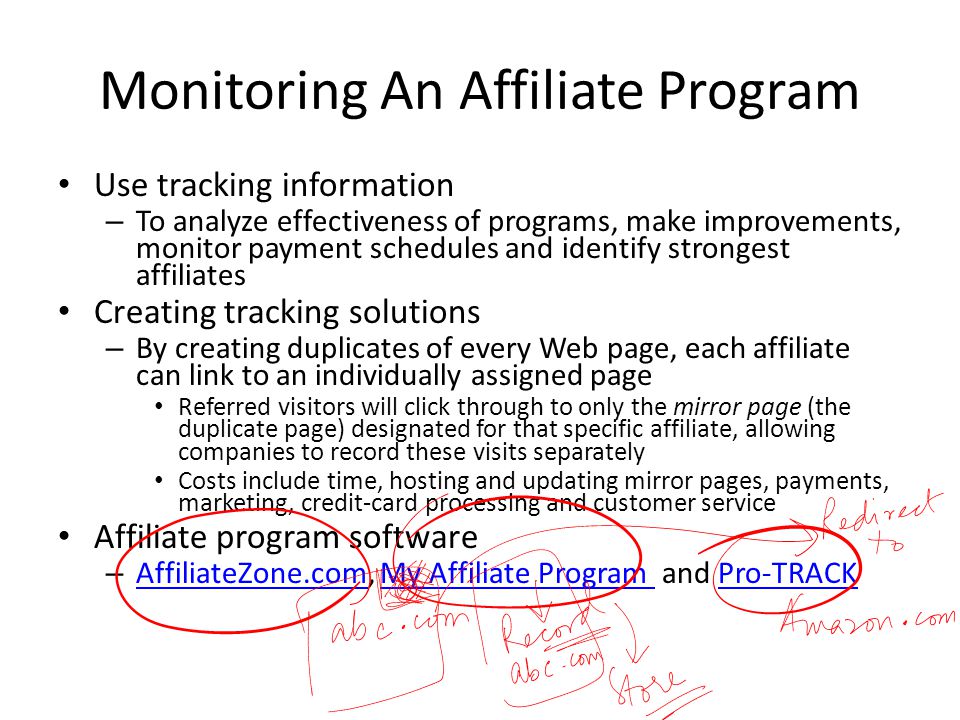 Monitoring An Affiliate Program Use tracking information – To analyze effectiveness of programs, make improvements, monitor payment schedules and identify strongest affiliates Creating tracking solutions – By creating duplicates of every Web page, each affiliate can link to an individually assigned page Referred visitors will click through to only the mirror page (the duplicate page) designated for that specific affiliate, allowing companies to record these visits separately Costs include time, hosting and updating mirror pages, payments, marketing, credit-card processing and customer service Affiliate program software – AffiliateZone.com, My Affiliate Program and Pro-TRACK AffiliateZone.comMy Affiliate Program Pro-TRACK