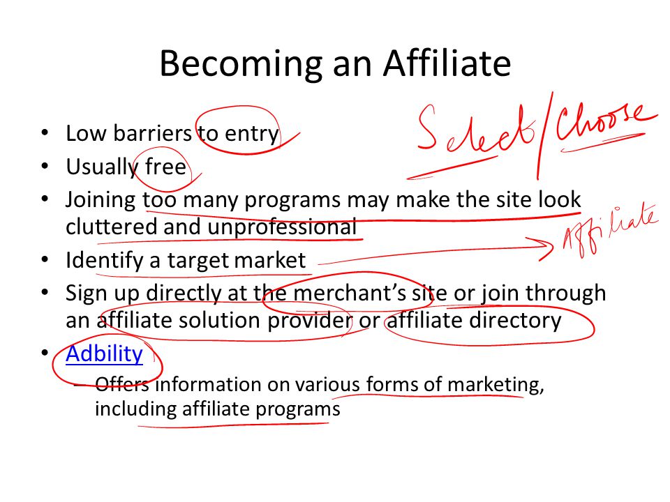 Becoming an Affiliate Low barriers to entry Usually free Joining too many programs may make the site look cluttered and unprofessional Identify a target market Sign up directly at the merchant’s site or join through an affiliate solution provider or affiliate directory Adbility – Offers information on various forms of marketing, including affiliate programs