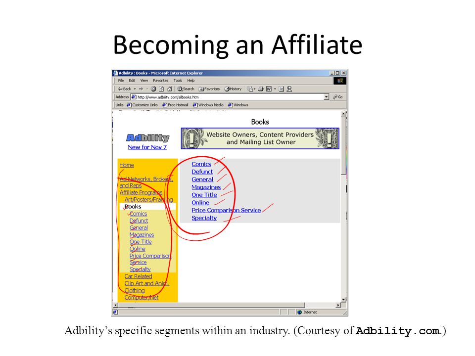 Becoming an Affiliate Adbility’s specific segments within an industry. (Courtesy of Adbility.com.)
