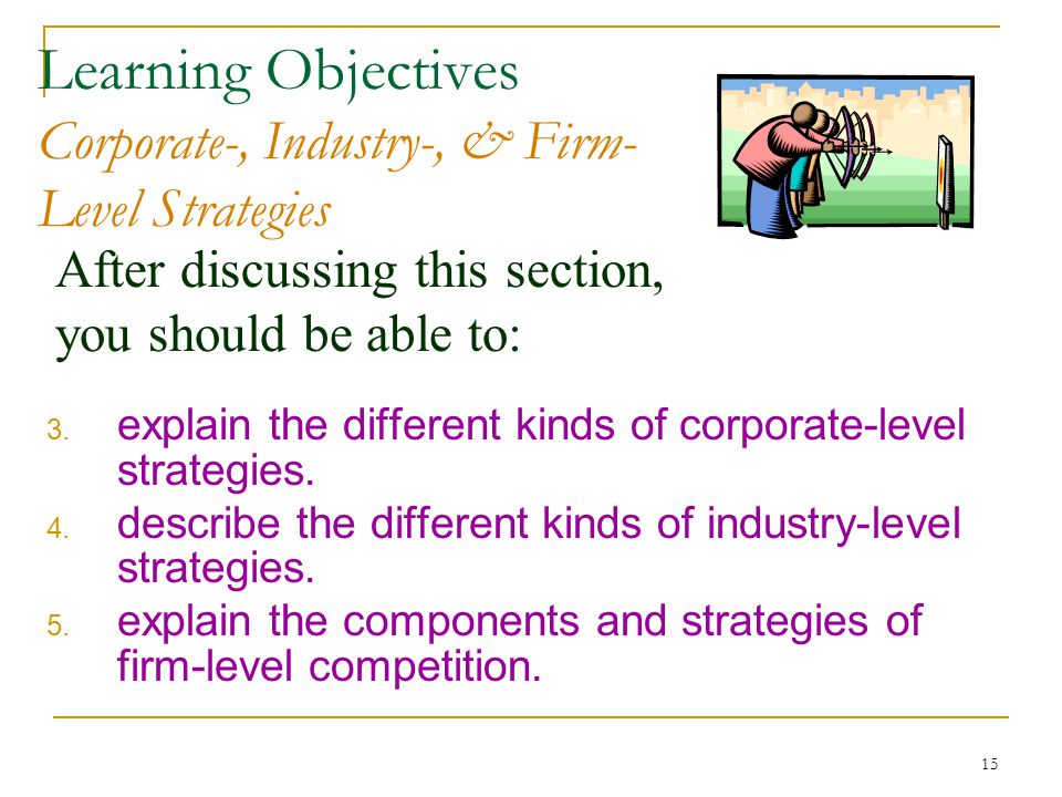 15 After discussing this section, you should be able to: Learning Objectives Corporate-, Industry-, & Firm- Level Strategies 3.