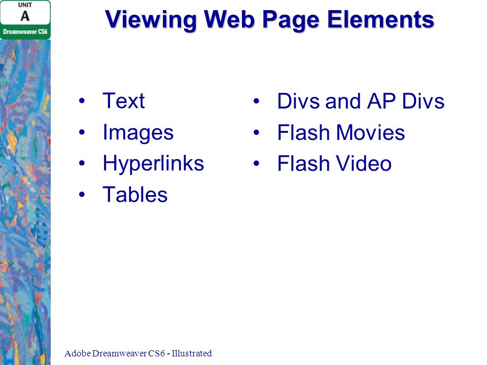 Viewing Web Page Elements Adobe Dreamweaver CS6 - Illustrated Text Images Hyperlinks Tables Divs and AP Divs Flash Movies Flash Video