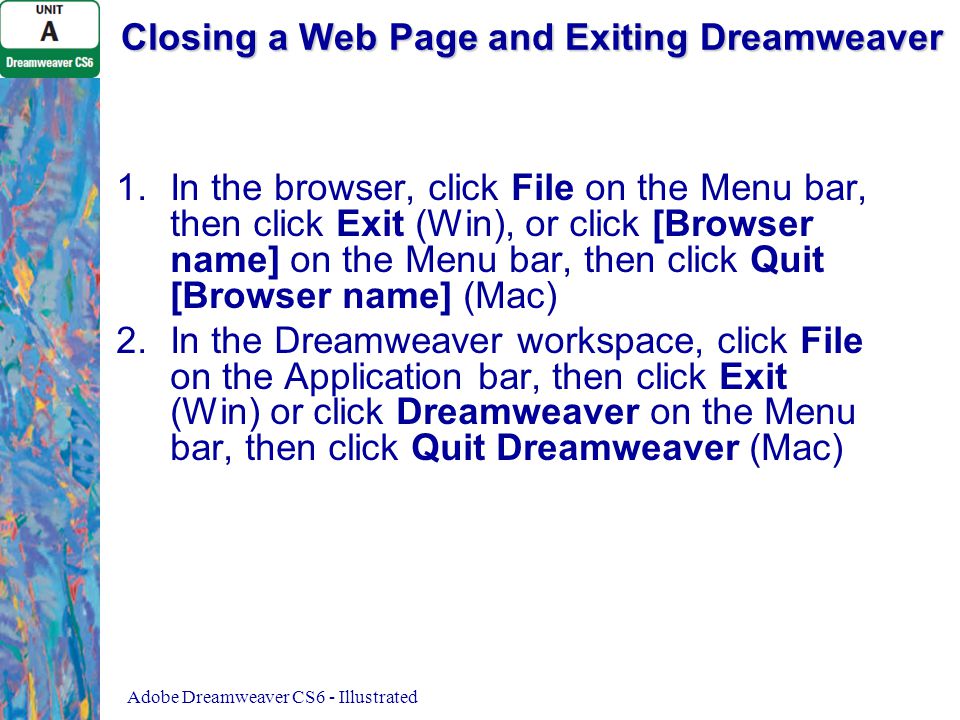 Closing a Web Page and Exiting Dreamweaver 1.