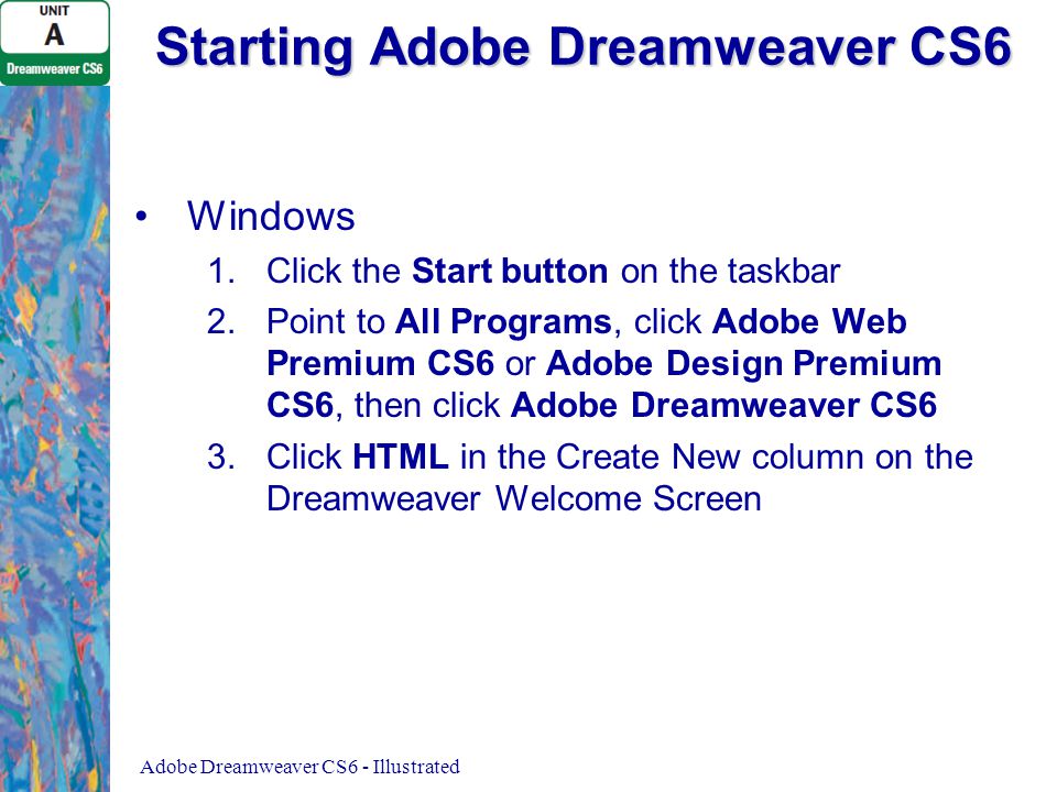 Starting Adobe Dreamweaver CS6 Windows 1. 1.Click the Start button on the taskbar 2.