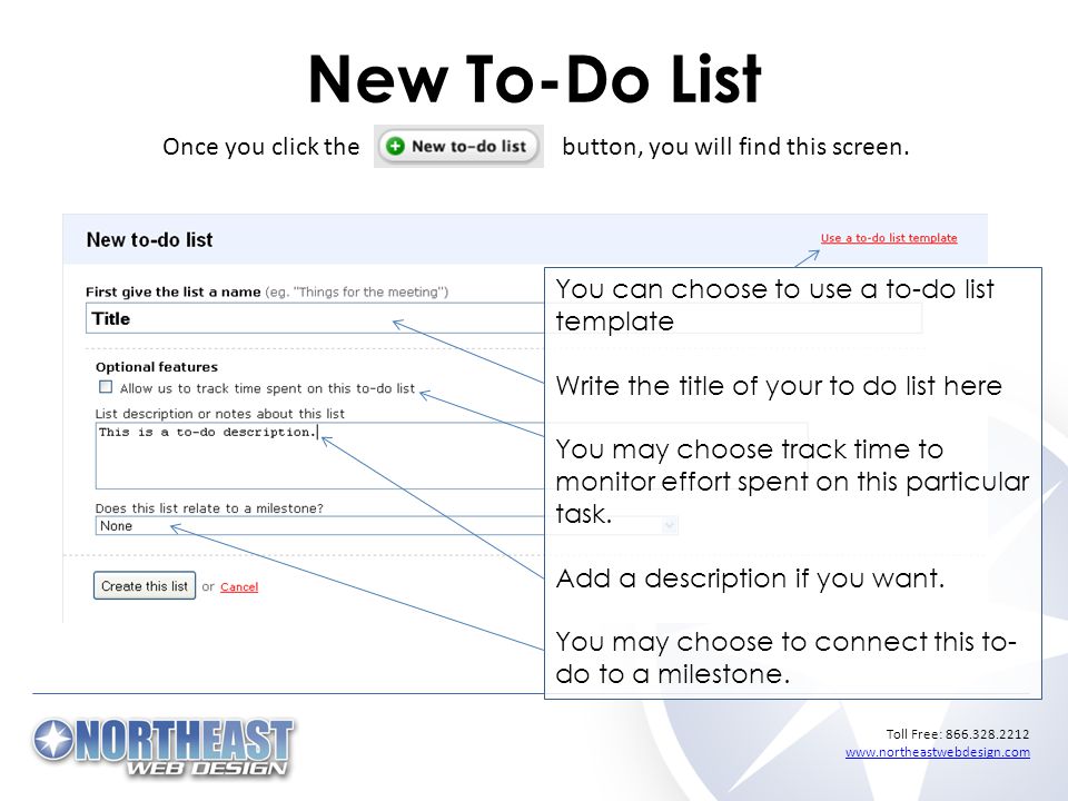 Toll Free: New To-Do List Once you click the button, you will find this screen.