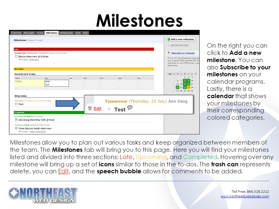Toll Free: Milestones Milestones allow you to plan out various tasks and keep organized between members of the team.