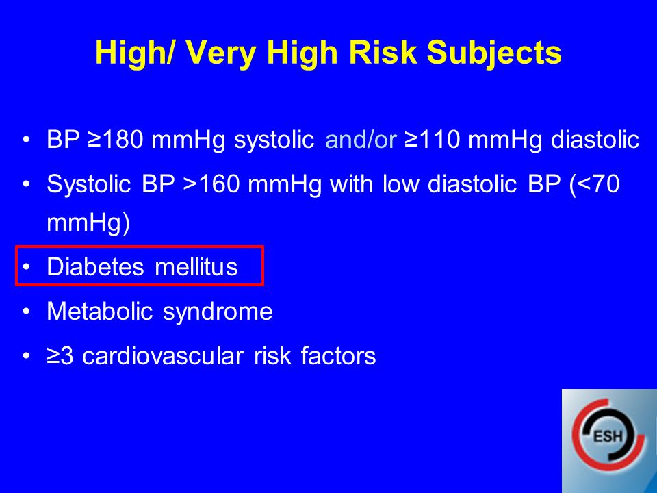 High/ Very High Risk Subjects BP ≥180 mmHg systolic and/or ≥110 mmHg diastolic Systolic BP >160 mmHg with low diastolic BP (<70 mmHg) Diabetes mellitus Metabolic syndrome ≥3 cardiovascular risk factors