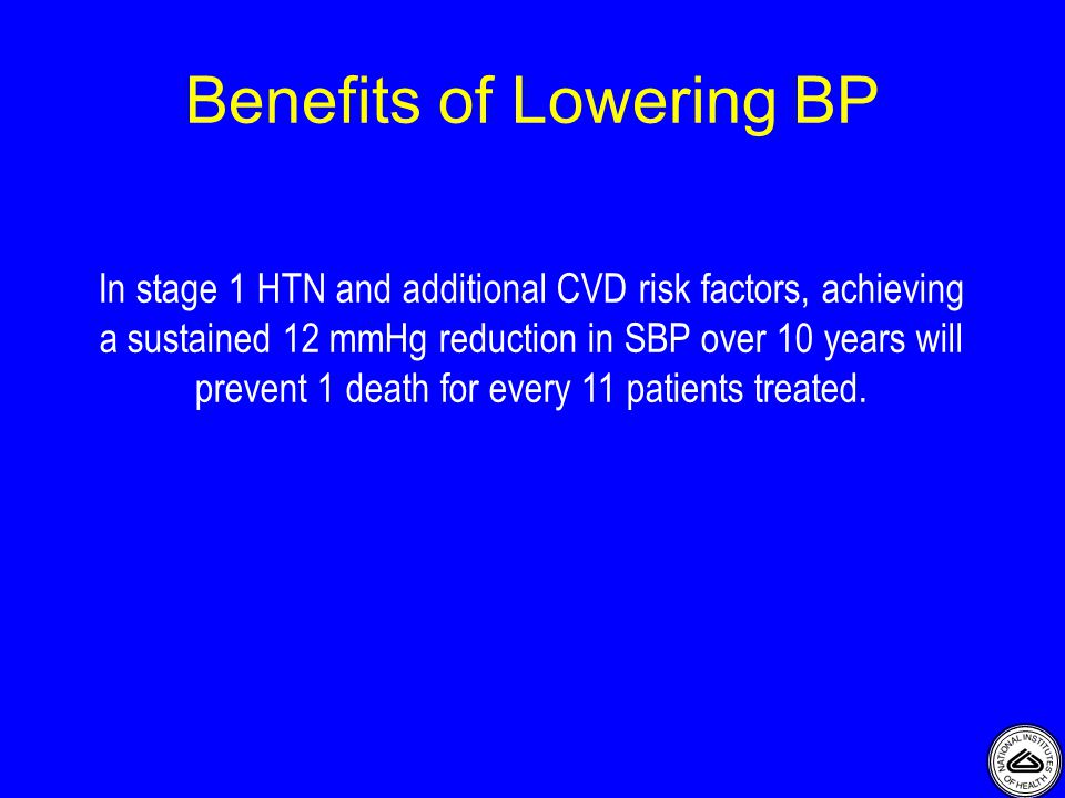Benefits of Lowering BP In stage 1 HTN and additional CVD risk factors, achieving a sustained 12 mmHg reduction in SBP over 10 years will prevent 1 death for every 11 patients treated.
