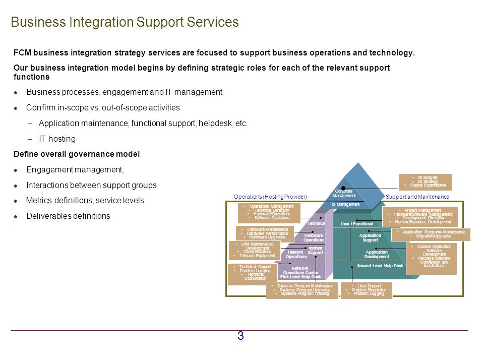 3 3 Business Integration Support Services FCM business integration strategy services are focused to support business operations and technology.