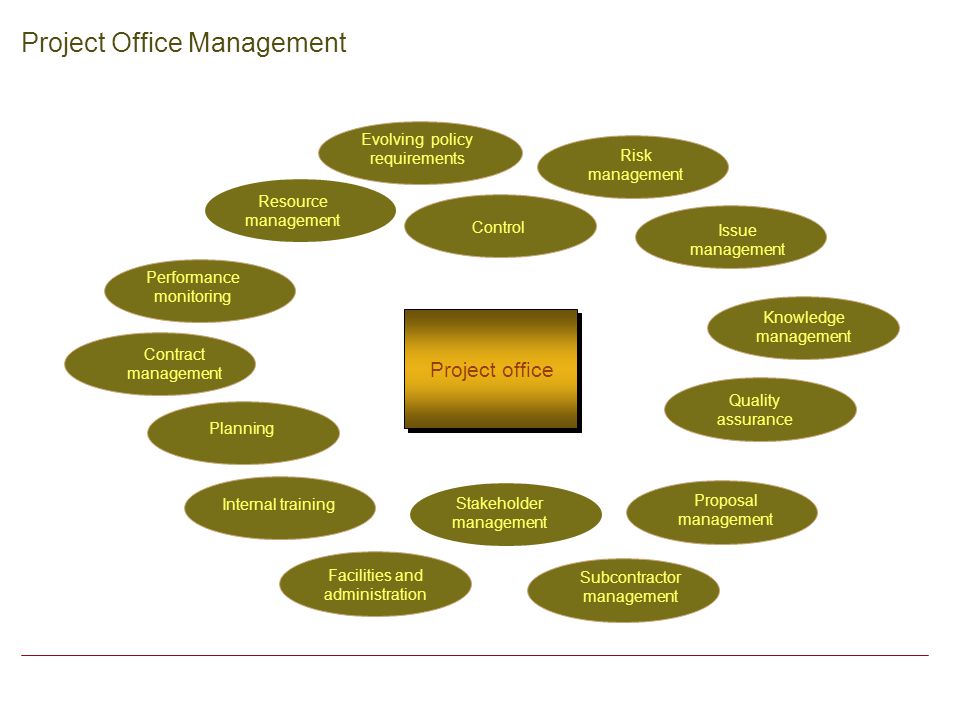 6 Planning Resource management Risk management Issue management Internal training Quality assurance Performance monitoring Subcontractor management Evolving policy requirements Knowledge management Stakeholder management Control Proposal management Contract management Facilities and administration Project office Project Office Management