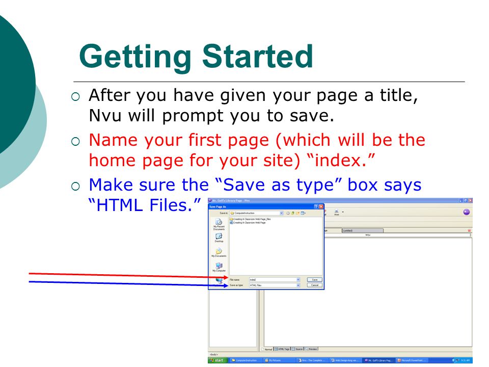 After you have given your page a title, Nvu will prompt you to save.