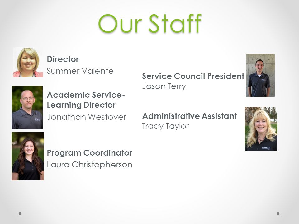 Our Staff Director Summer Valente Academic Service- Learning Director Jonathan Westover Program Coordinator Laura Christopherson Service Council President Jason Terry Administrative Assistant Tracy Taylor