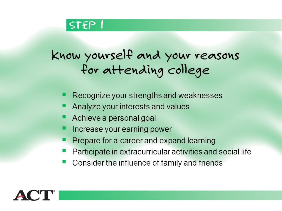  Recognize your strengths and weaknesses  Analyze your interests and values  Achieve a personal goal  Increase your earning power  Prepare for a career and expand learning  Participate in extracurricular activities and social life  Consider the influence of family and friends