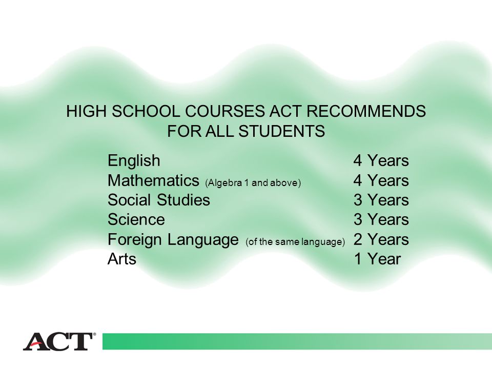 English4 Years Mathematics (Algebra 1 and above) 4 Years Social Studies3 Years Science3 Years Foreign Language (of the same language) 2 Years Arts1 Year HIGH SCHOOL COURSES ACT RECOMMENDS FOR ALL STUDENTS