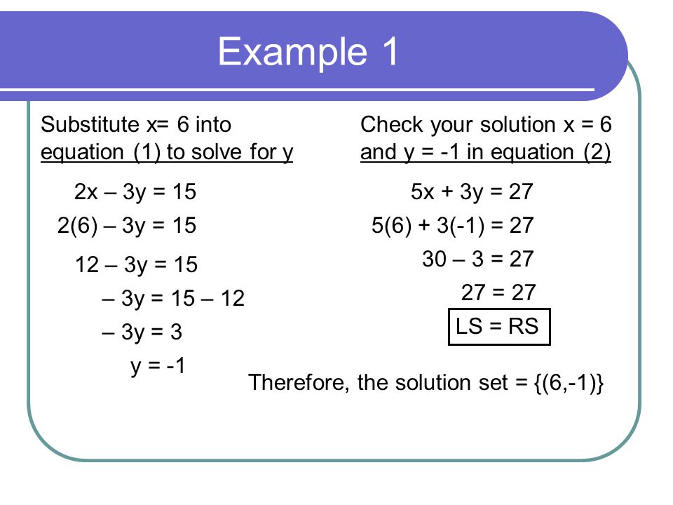 Example 1 Substitute x= 6 into equation (1) to solve for y 2x – 3y = 15 2(6) – 3y = – 3y = 15 – 3y = 15 – 12 – 3y = 3 y = -1 Check your solution x = 6 and y = -1 in equation (2) 5x + 3y = 27 5(6) + 3(-1) = – 3 = = 27 LS = RS Therefore, the solution set = {(6,-1)}
