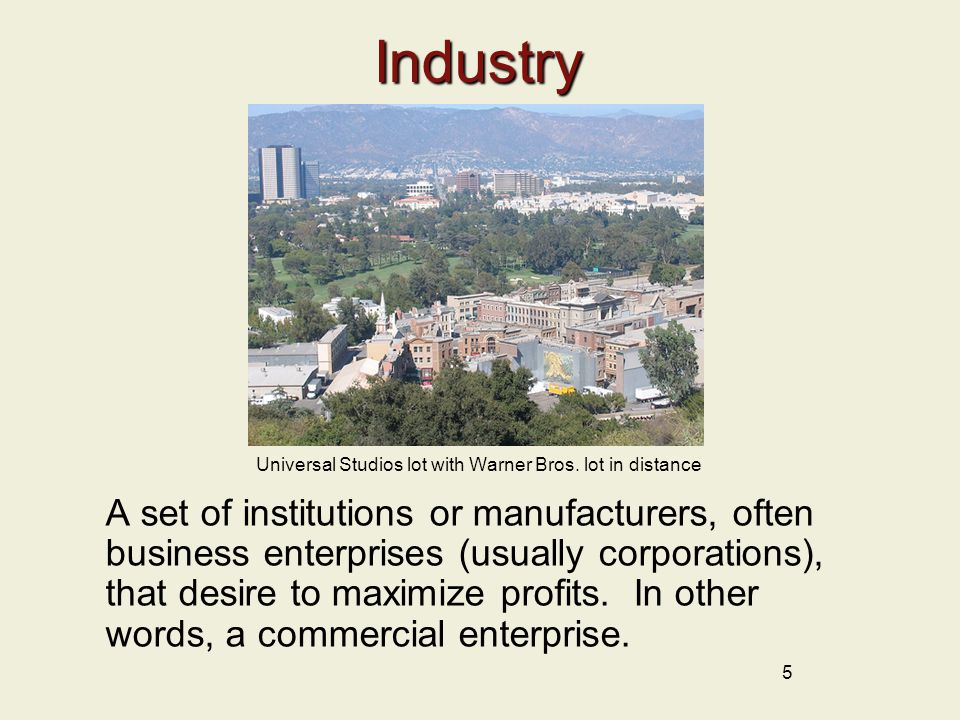 Industry A set of institutions or manufacturers, often business enterprises (usually corporations), that desire to maximize profits.